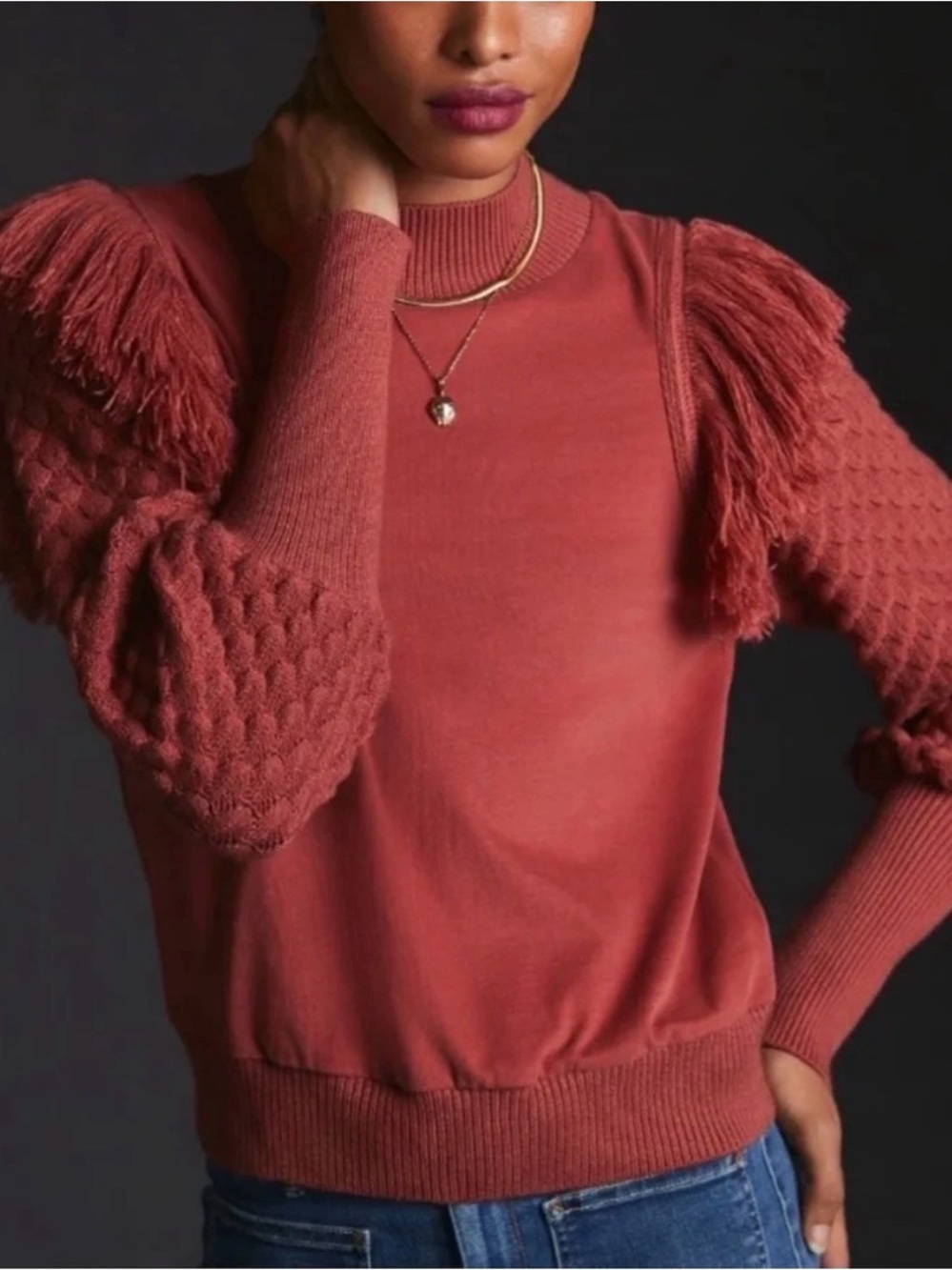 DOLAN Anthropologie Fringe Accent Knit Pullover Sweater Textured Sleeves Size M